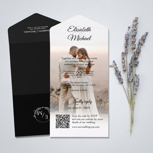 Elegant Black And White QR Code Photo Wedding All In One Invitation