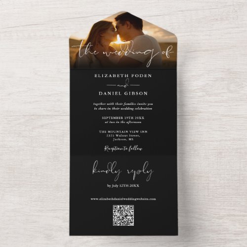 Elegant Black And White QR Code Wedding Photo All In One Invitation