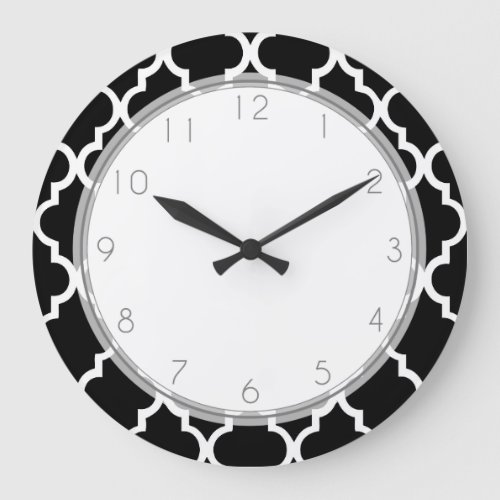 Elegant Black and White Quatrefoil Pattern Large Clock