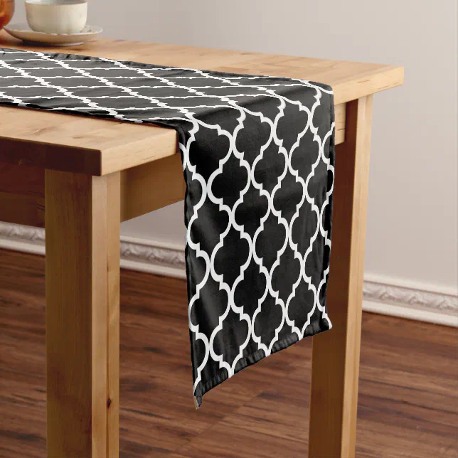 Elegant black and white quatrefoil pattern short table runner | Zazzle