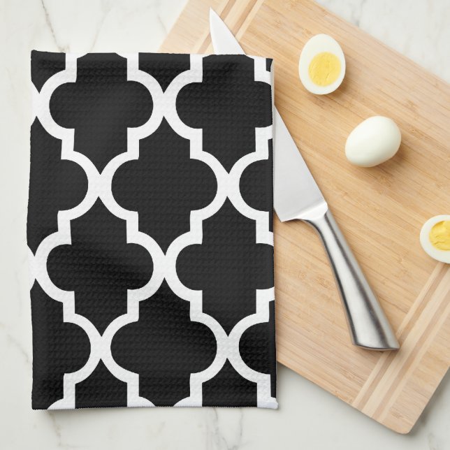 Elegant Black and White Quatrefoil Tiles Pattern Towel (Quarter Fold)