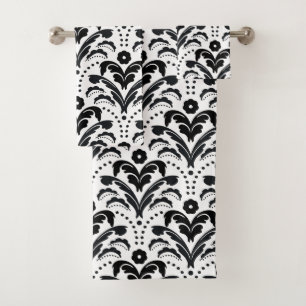 Elegant Black and White Retro Art Deco Damask Bath Towel Set