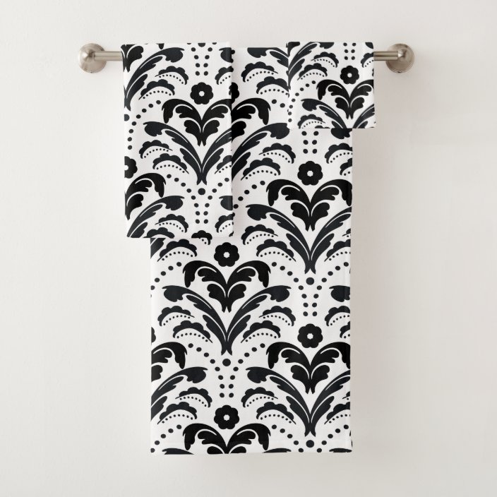 Elegant Black And White Retro Art Deco Damask Bath Towel Set