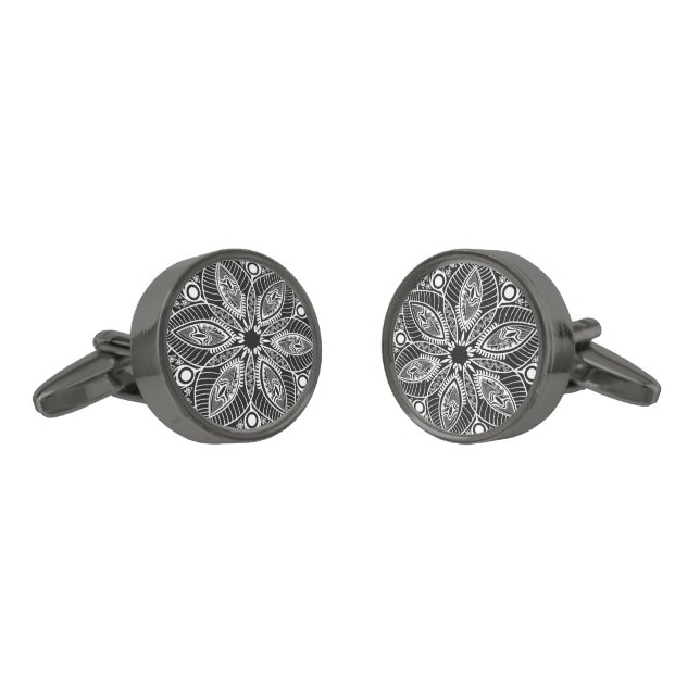 Elegant Black And White Retro Lace Circle Gunmetal Finish Cufflinks (Angled)