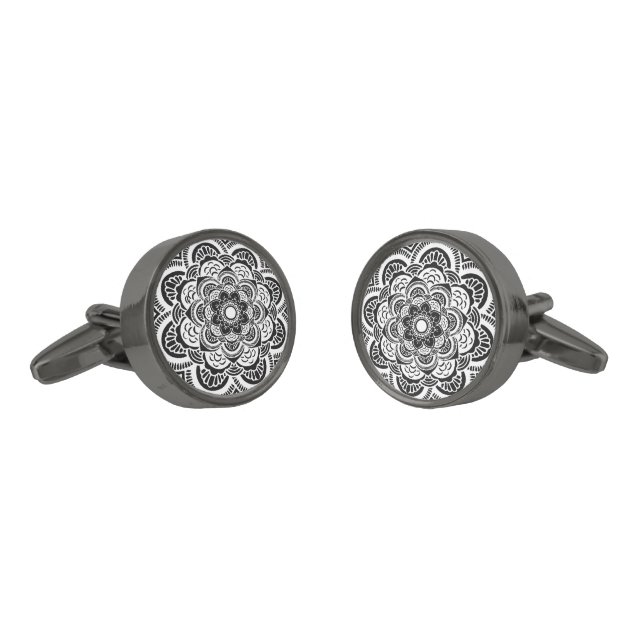 Elegant Black And White Retro Lace Mandala Cufflinks (Angled)
