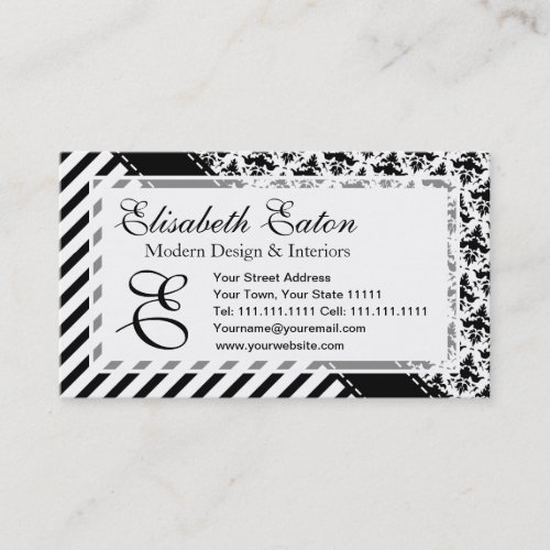 Elegant Black and White Retro Stripes and Damask Business Card