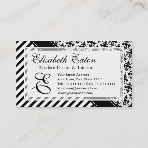 Customizable Elegant Black and White Retro Stripes and Damask Business Card