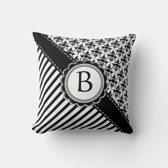 Elegant Black and White Retro Stripes and Damask Throw Pillow (Front)