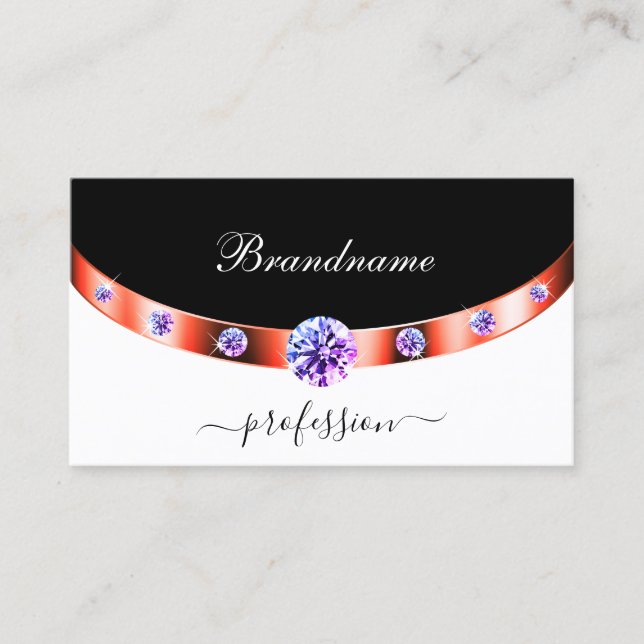 Elegant Black and White Rose Gold Purple Diamonds  Business Card (Front)
