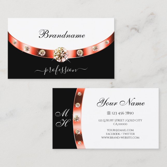 Elegant Black and White Rose Gold with Monogram Business Card (Front/Back)