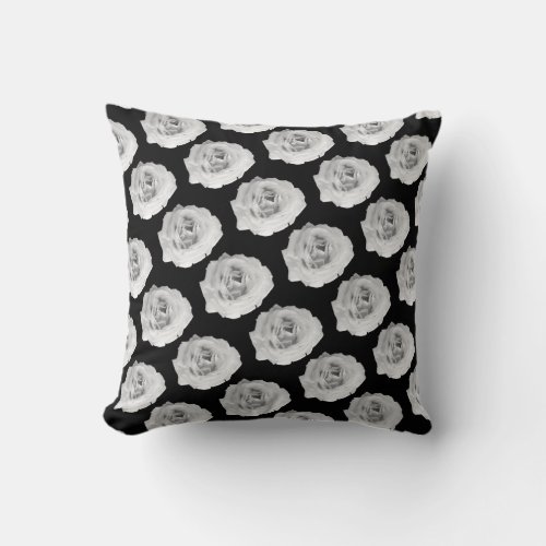 Elegant Black and White Rose Pattern Throw Pillow