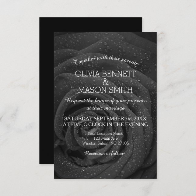 Elegant Black and White Rose Wedding Invitation (Front/Back)