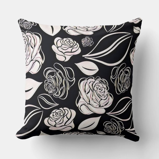 Elegant Black and White Roses and Leaves  Throw Pillow (Front)
