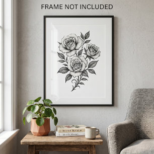 Elegant Black and White Roses Botanical Poster
