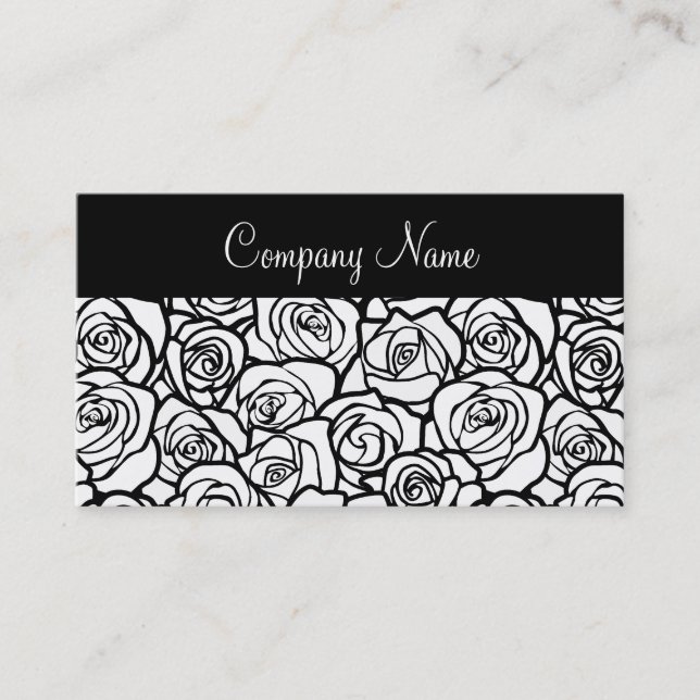 Elegant Black and White Roses Chic Floral Pattern  Business Card (Front)