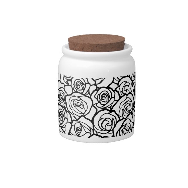 Elegant Black and White Roses Chic Floral Pattern  Candy Jar (Front)