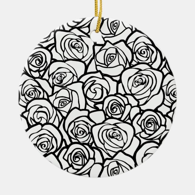 Elegant Black and White Roses Chic Floral Pattern  Ceramic Ornament (Front)