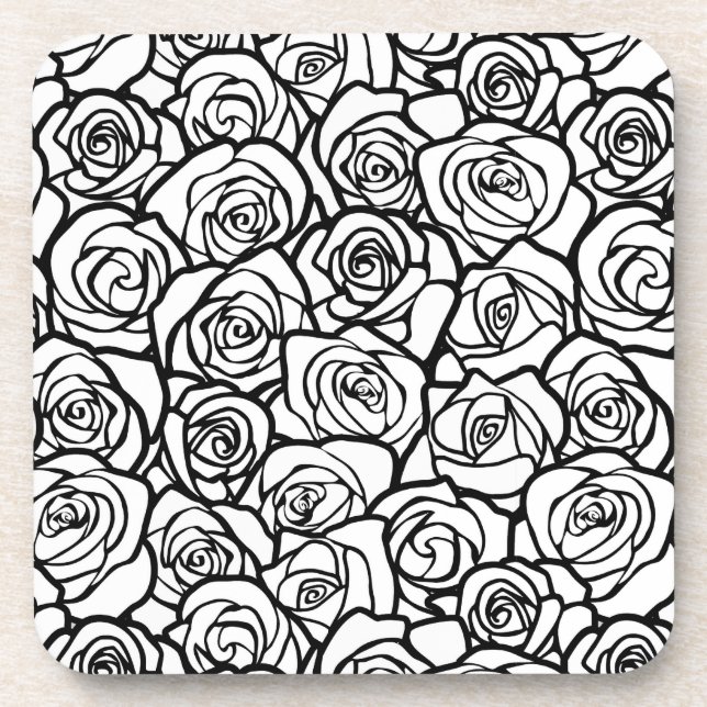 Elegant Black and White Roses Chic Floral Pattern  Coaster (Front)