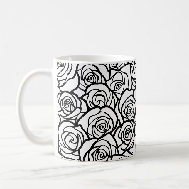 Elegant Black and White Roses Chic Floral Pattern  Coffee Mug (Left)