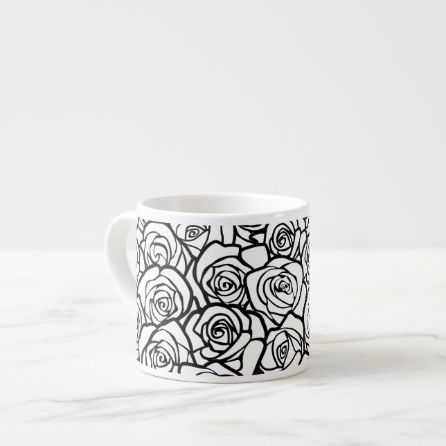 Elegant Black and White Roses Chic Floral Pattern  Espresso Cup (Front Left)