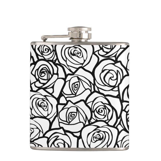 Elegant Black and White Roses Chic Floral Pattern  Hip Flask (Front)