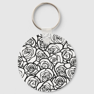 Elegant Black and White Roses Chic Floral Pattern  Keychain