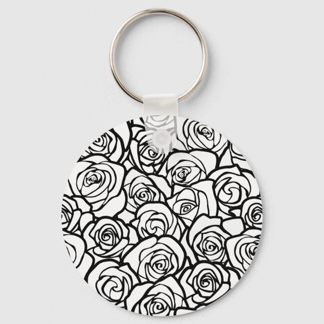 Elegant Black and White Roses Chic Floral Pattern  Keychain (Front)