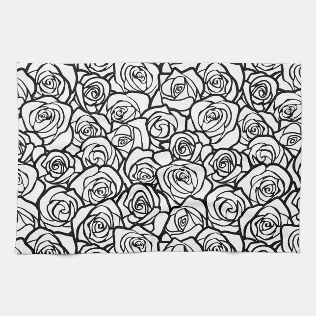 Elegant Black and White Roses Chic Floral Pattern  Kitchen Towel (Horizontal)