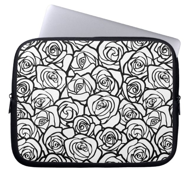 Elegant Black and White Roses Chic Floral Pattern  Laptop Sleeve (Front)