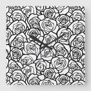 Elegant Black and White Roses Chic Floral Pattern Square Wall Clock