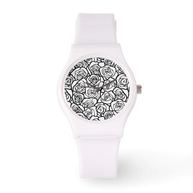 Elegant Black and White Roses Chic Floral Pattern  Watch (Front)