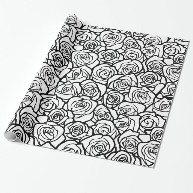 Elegant Black and White Roses Chic Floral Pattern  Wrapping Paper (Unrolled)