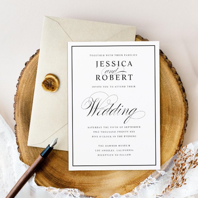 Elegant Black and White Script Classic Wedding Invitation