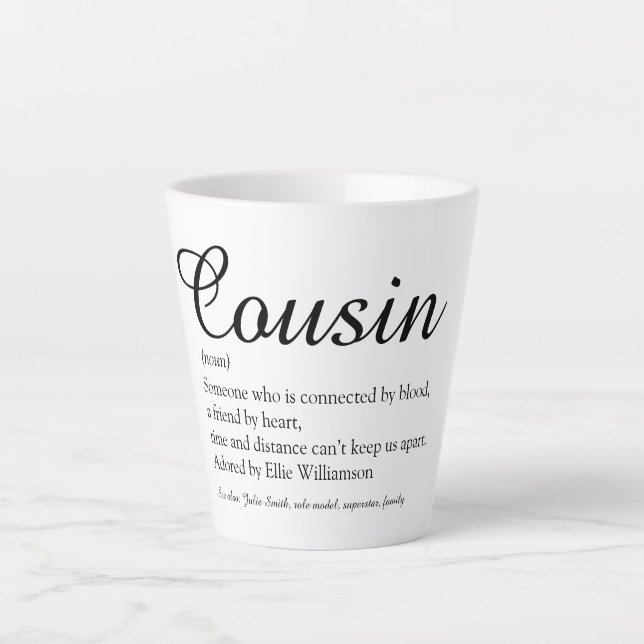 Elegant Black and White Script Cousin Definition Latte Mug (Front)