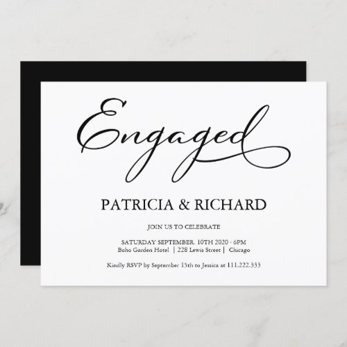 Elegant Black And White Script Engagement Party Invitation