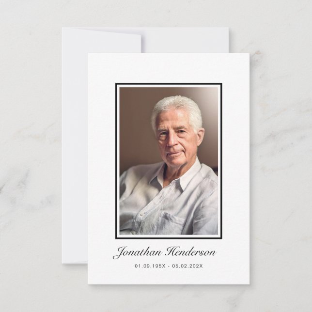 Elegant Black And White Script Funeral Photo Thank You Card (Front)