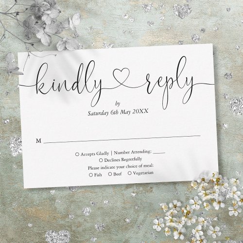 Elegant Black And White Script Heart Kindly Reply RSVP Card