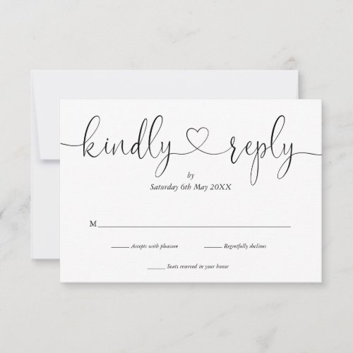 Elegant Black And White Script Heart Kindly Reply RSVP Card - A simple elegant black and white script heart kindly reply RSVP card with your details set in chic typography. Designed by Thisisnotme©