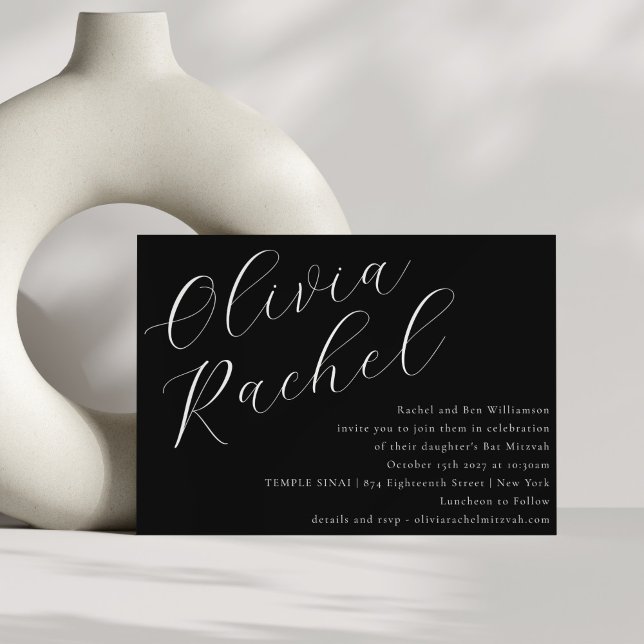 Elegant Black and White Script Minimal Bat Mitzvah Invitation (Creator Uploaded)