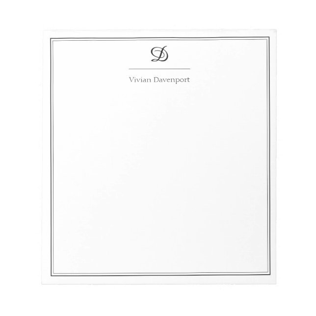 Elegant Black and White Script Monogram Notepad (Front)