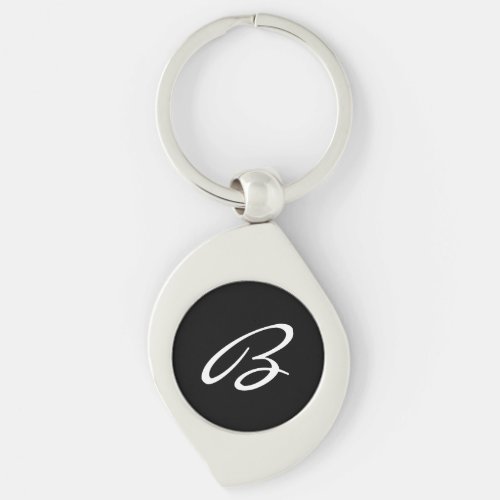 Elegant Black and White Script Monogram Silver Keychain