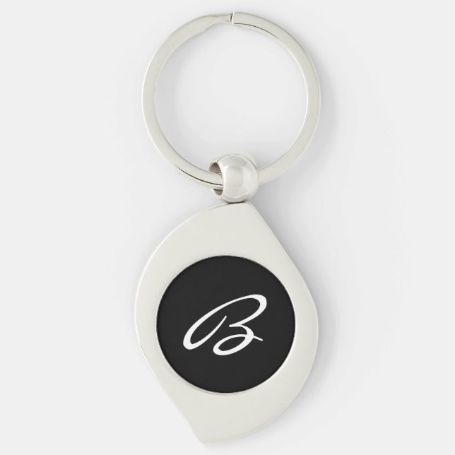 Elegant Black and White Script Monogram Silver Keychain (Front)