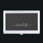 Elegant Black and White Script Name Personalized   Business Card Case<br><div class="desc">A clean and sophisticated business card case featuring a solid black backdrop with an elegant white calligraphy-style name centered for a refined personal touch. This look is perfect for professionals, entrepreneurs, or students who want a minimalist aesthetic with a stylish, modern edge. The contrast of dark and light keeps it...</div>
