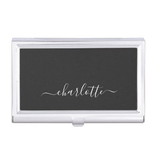 Elegant Black and White Script Name Personalized   Business Card Case