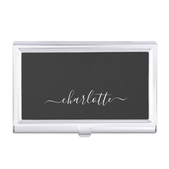 Elegant Black and White Script Name Personalized   Business Card Case (Front)