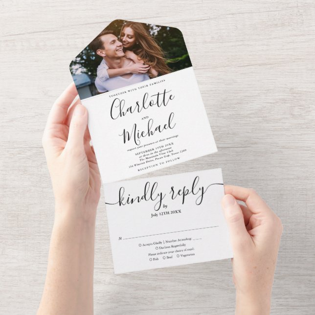 Elegant Black And White Script Photo Wedding All In One Invitation (Tearaway)