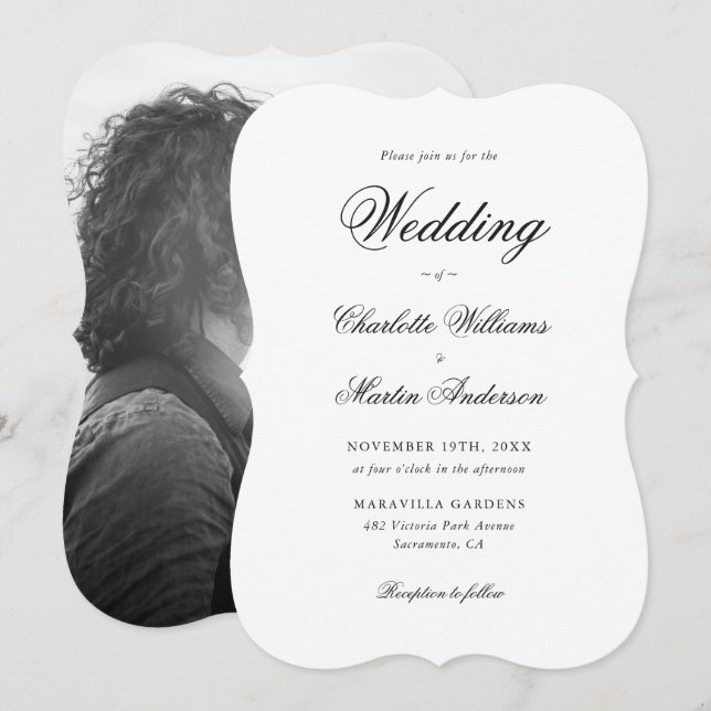 Elegant Black and White Script Photo Wedding Invitation (Front/Back)