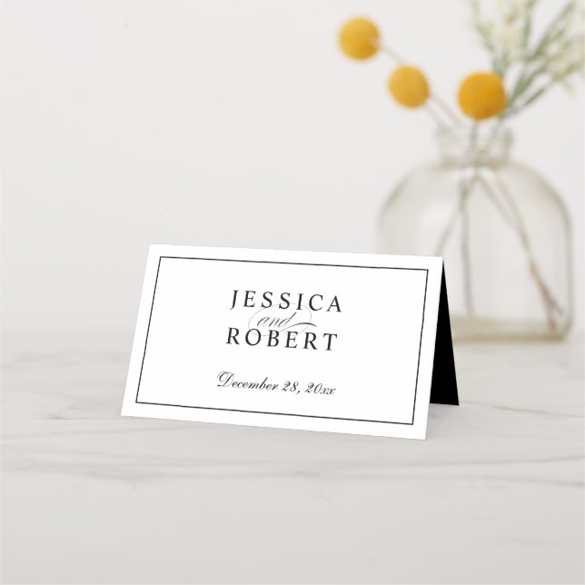 Elegant Black and White Script Place Card (Front)