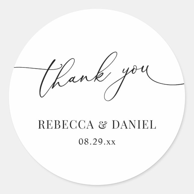 Elegant Black and White Script Thank You Favors Classic Round Sticker (Front)
