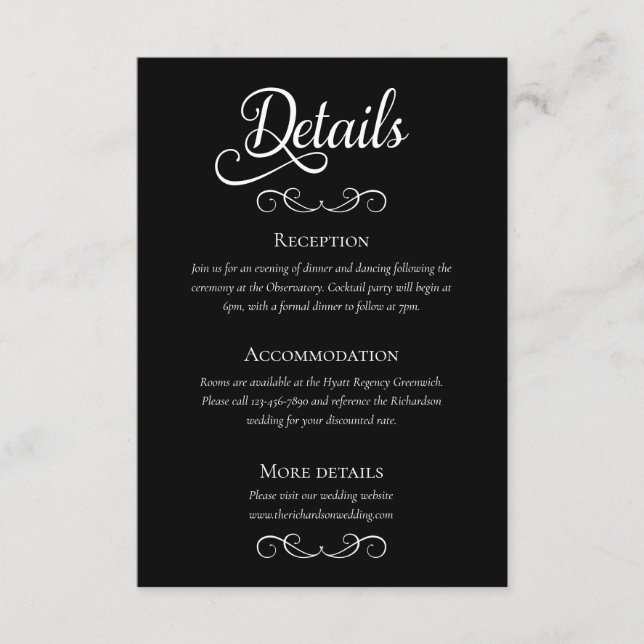 Elegant Black and White Script Wedding Details Enclosure Card (Front)